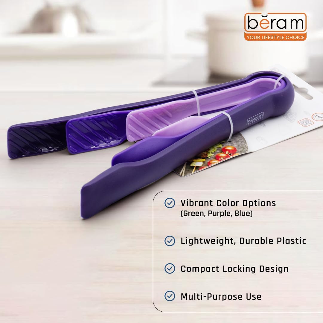 BERAM Plastic Kitchen Tongs Set of 3 Food Serving and BBQ Tongs for Bread Salad Fruit Buffet and Grilling Durable BPA Free Reusable Utility Tongs for Home Party and Daily Use