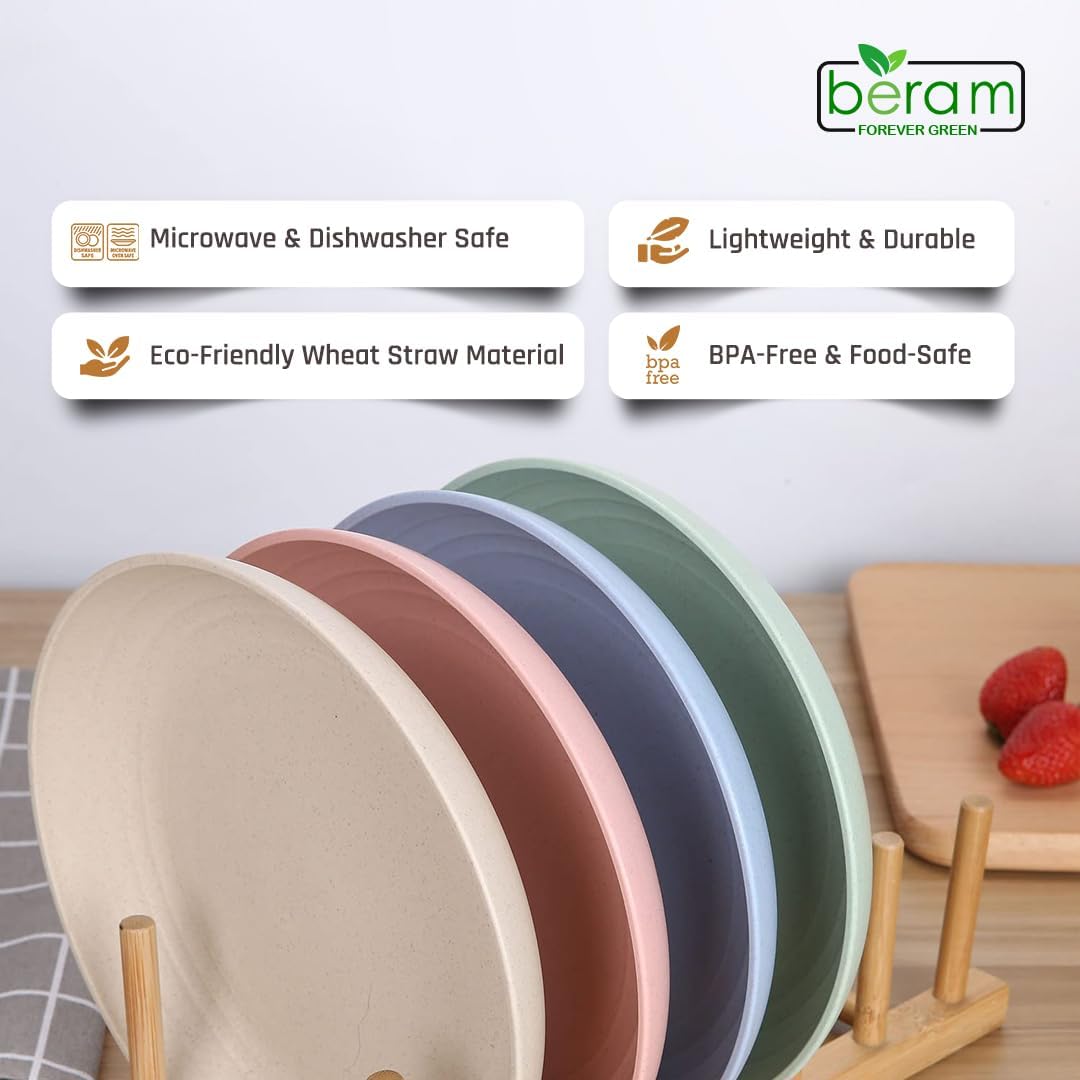 BERAM Wheat Straw Plate Set, Dinnerware Set of 4, Unbreakable Plates, Lightweight Dishes, Kitchen Crockery, Serving Saucers and Platters
