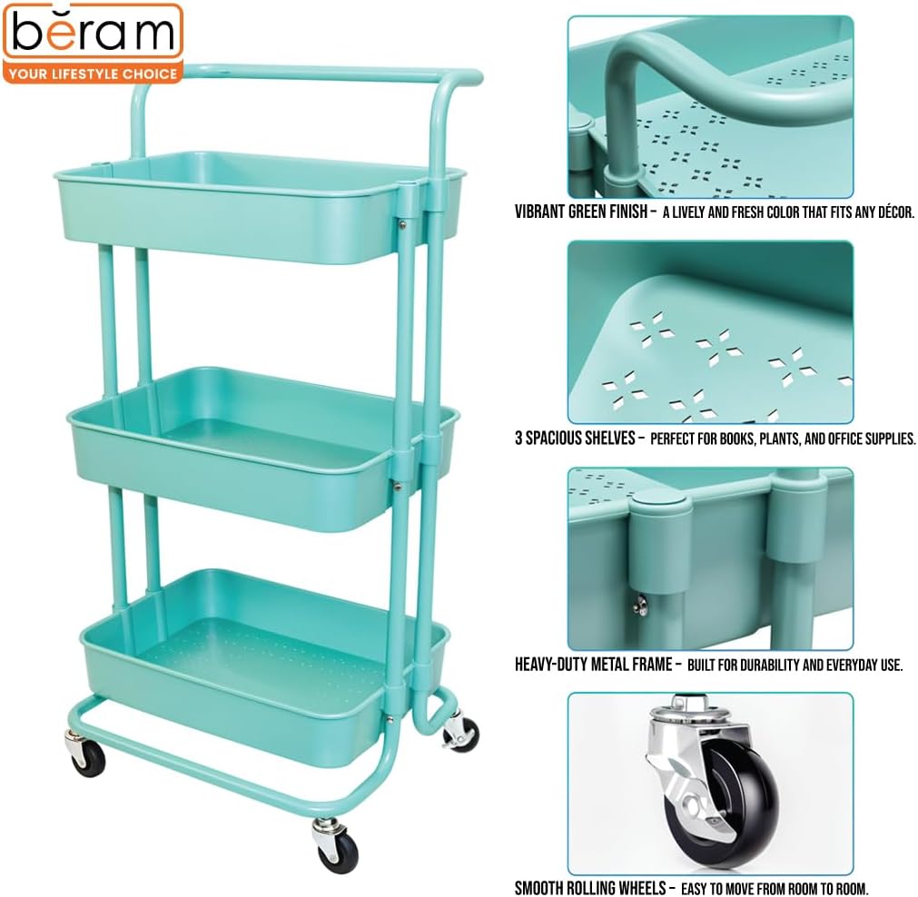 BERAM 3-Tier Metal Storage Rack with Handle & Smooth-Rolling Wheels – Heavy-Duty Basket Shelf Organizer for Kitchen Bathroom Pantry and Home Organization – Durable Space-Saving Utility Cart Green