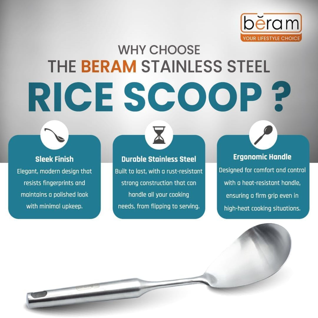 BERAM Stainless Steel Plain Handle Cooking Set, 304 Utensils Set of 6 with Stand – Pasta Server, Rice Scoop, Turner, Spatula, Soup Ladle, Skimmer – Kitchen Tools for Daily Use