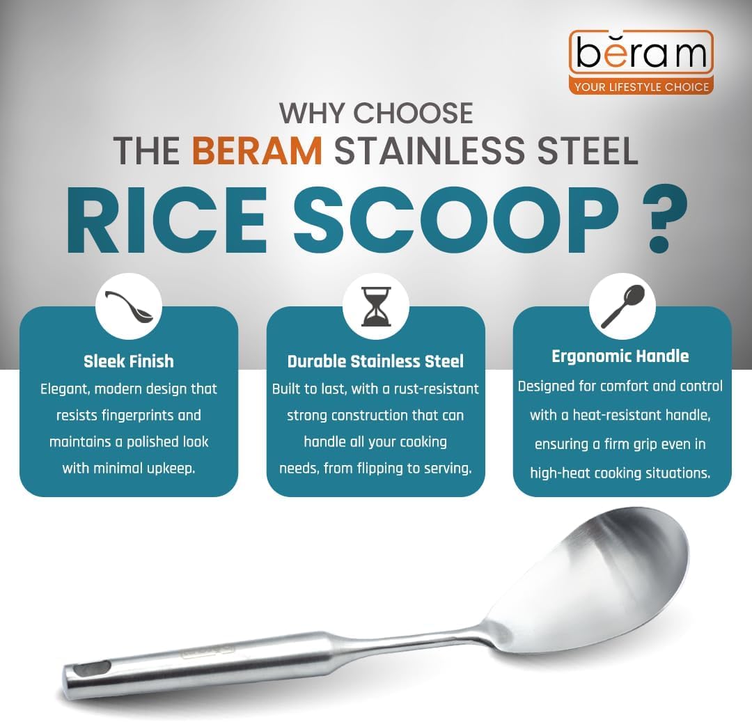 BERAM Stainless Steel Plain Handle Cooking Set, 304 Utensils Set of 6 with Stand – Pasta Server, Rice Scoop, Turner, Spatula, Soup Ladle, Skimmer – Kitchen Tools for Daily Use
