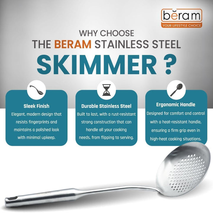 BERAM Stainless Steel Plain Handle Cooking Set, 304 Utensils Set of 6 with Stand – Pasta Server, Rice Scoop, Turner, Spatula, Soup Ladle, Skimmer – Kitchen Tools for Daily Use