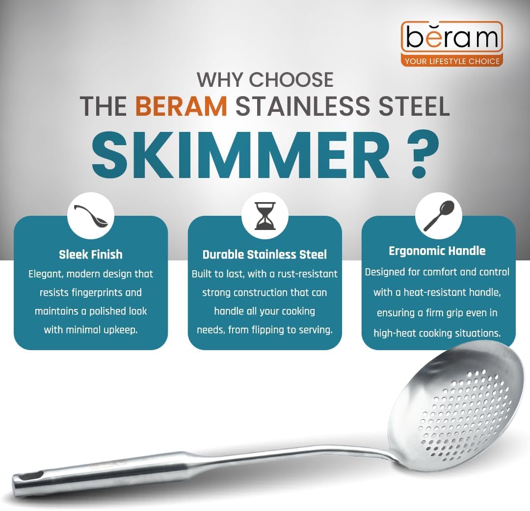 BERAM Stainless Steel Plain Handle Cooking Set, 304 Utensils Set of 6 with Stand – Pasta Server, Rice Scoop, Turner, Spatula, Soup Ladle, Skimmer – Kitchen Tools for Daily Use