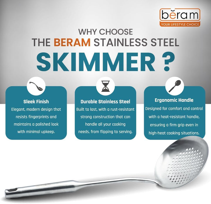 BERAM Stainless Steel Plain Handle Cooking Set, 304 Utensils Set of 6 with Stand – Pasta Server, Rice Scoop, Turner, Spatula, Soup Ladle, Skimmer – Kitchen Tools for Daily Use