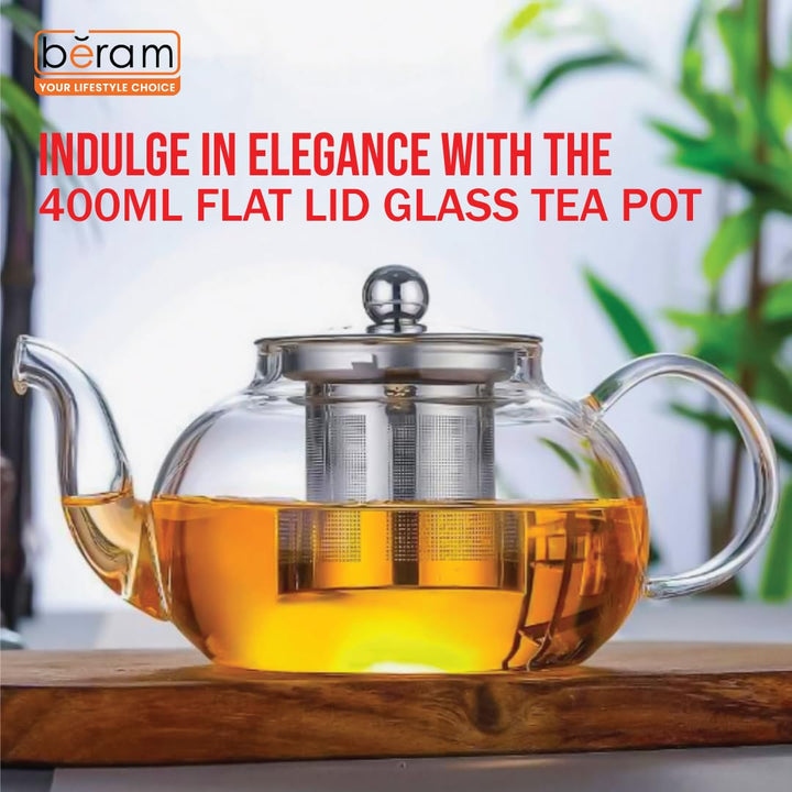 BERAM Glass Teapot with Infuser – 400ml Borosilicate Clear Tea Kettle with Removable 18/8 Stainless Steel Infuser, Stovetop Safe, Handcrafted Loose Leaf Tea Brewer for Home