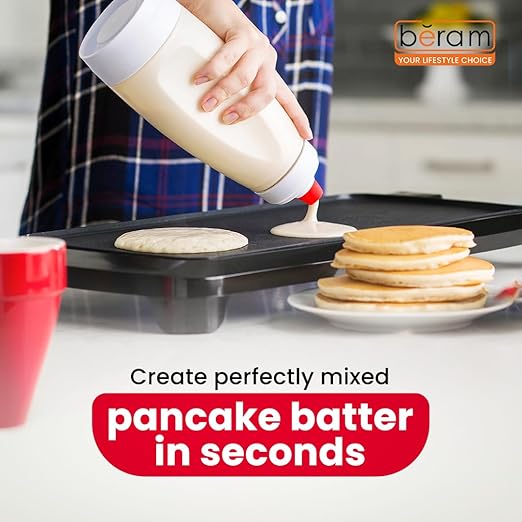 BERAM Pancake Batter Mixer with Wire Whisk Ball 1 Litre Handheld Batter Dispenser 2in 1 Baking Tool Bottle Shaker for Cupcakes Pancakes Crepes Waffles Muffins Cake Mix for Home Kitchen