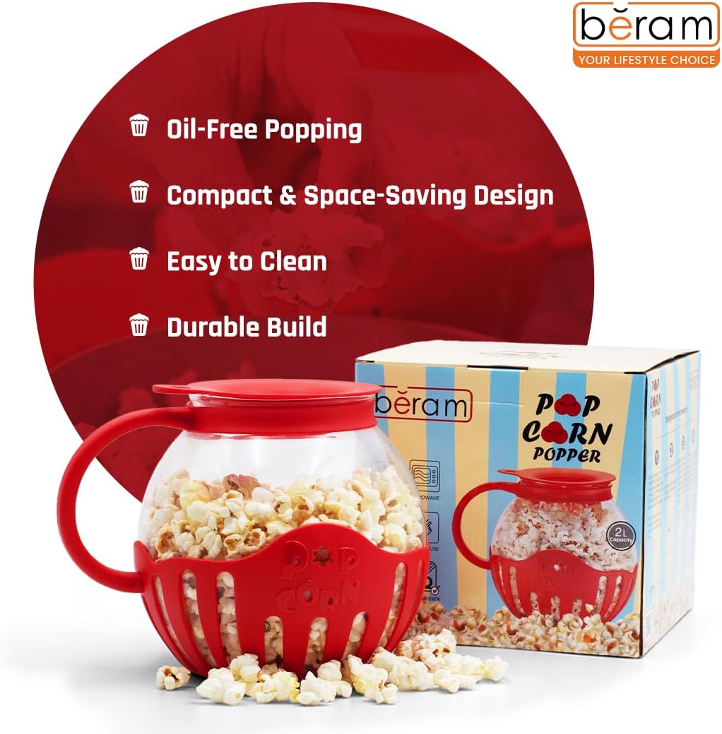 BERAM Microwave Popcorn Maker, Family Size Popcorn Popper with Temperature Safe Glass, 3 in 1 Lid, Measures Kernels and Melts Butter, House Party, Movie Nights and Daily Use