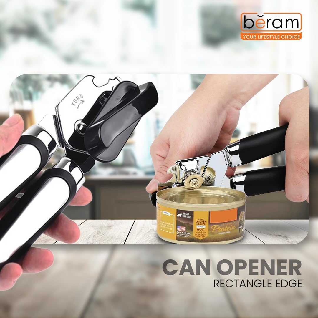 BERAM Manual Can Opener with Rectangular Edge – Heavy Duty Stainless Steel Multi-Opener with Built-In Bottle Opener – Anti-Slip Grip, Large Turn Knob, Handheld Tool, Black