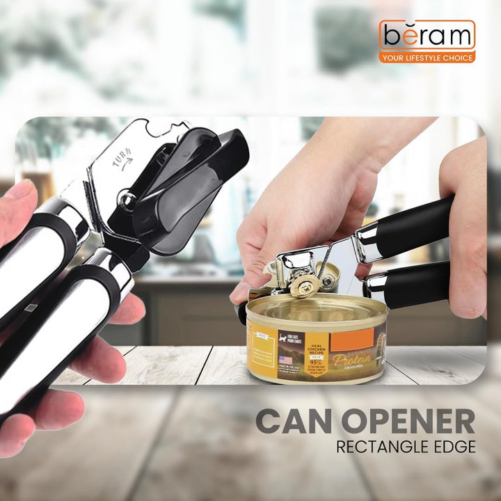 BERAM Manual Can Opener with Rectangular Edge – Heavy Duty Stainless Steel Multi-Opener with Built-In Bottle Opener – Anti-Slip Grip, Large Turn Knob, Handheld Tool, Black