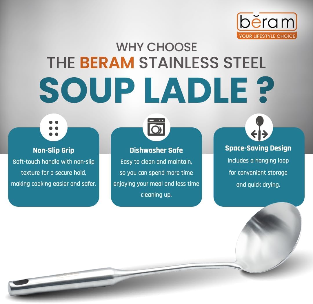 BERAM Stainless Steel Plain Handle Cooking Set, 304 Utensils Set of 6 with Stand – Pasta Server, Rice Scoop, Turner, Spatula, Soup Ladle, Skimmer – Kitchen Tools for Daily Use