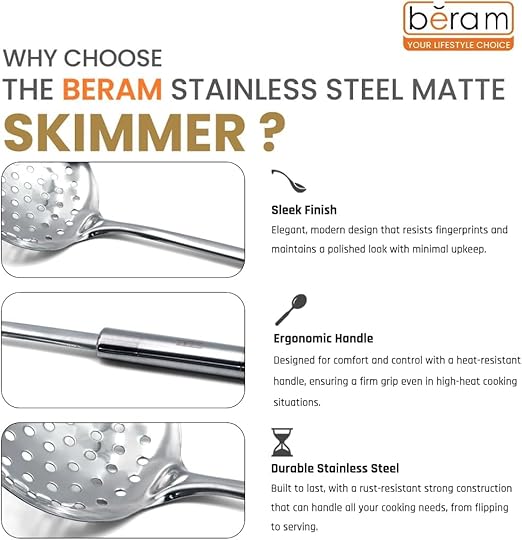 BERAM Stainless Steel Cooking Utensils Set – 6-Piece Kitchen Tool Set with Pasta Server Turner Spatula Skimmer Rice Scoop & Soup Ladle – Durable Matte Silver Cookware Utensils