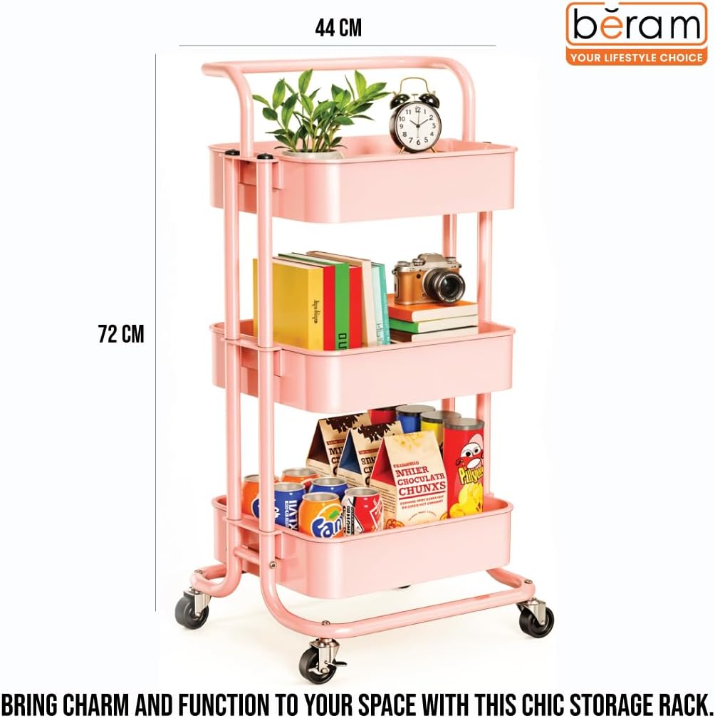 BERAM 3-Tier Metal Storage Rack with Handle & Smooth-Rolling Wheels Heavy-duty 3Basket Organizer for Kitchen Bathroom Pantry and Home Storage Durable Space Saving Pink