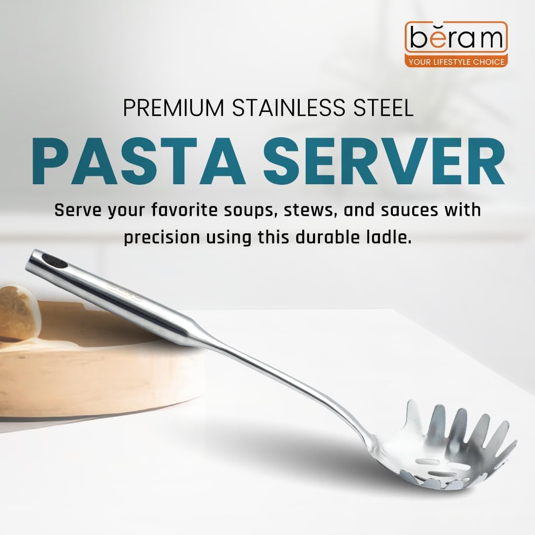 BERAM Stainless Steel Plain Handle Cooking Set, 304 Utensils Set of 6 with Stand – Pasta Server, Rice Scoop, Turner, Spatula, Soup Ladle, Skimmer – Kitchen Tools for Daily Use