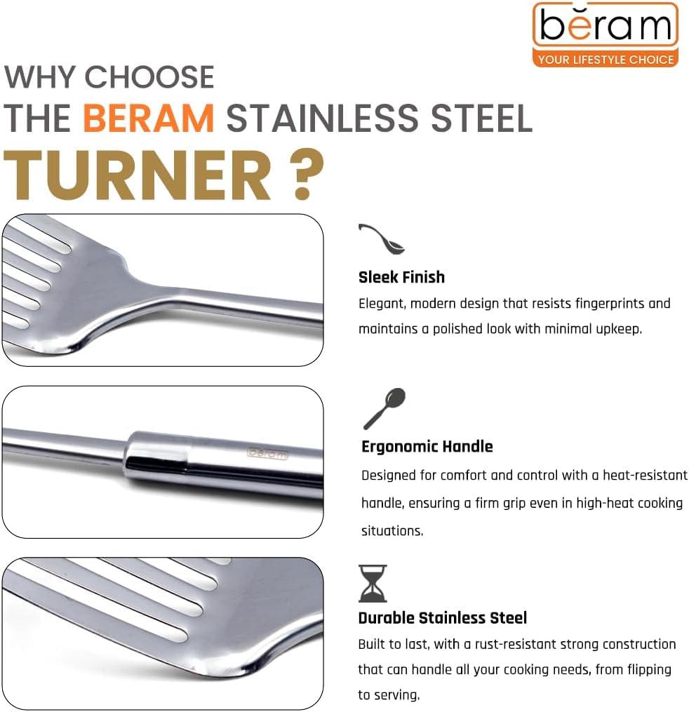 BERAM Stainless Steel Cooking Utensils Set – 6-Piece Kitchen Tool Set with Pasta Server Turner Spatula Skimmer Rice Scoop & Soup Ladle – Durable Matte Silver Cookware Utensils