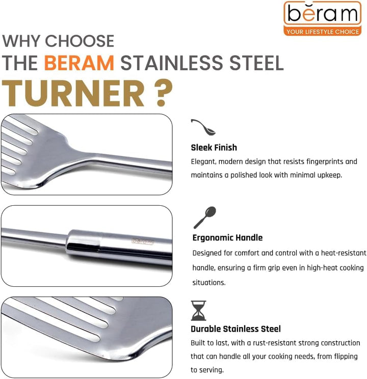 BERAM Stainless Steel Cooking Utensils Set – 6-Piece Kitchen Tool Set with Pasta Server Turner Spatula Skimmer Rice Scoop & Soup Ladle – Durable Matte Silver Cookware Utensils