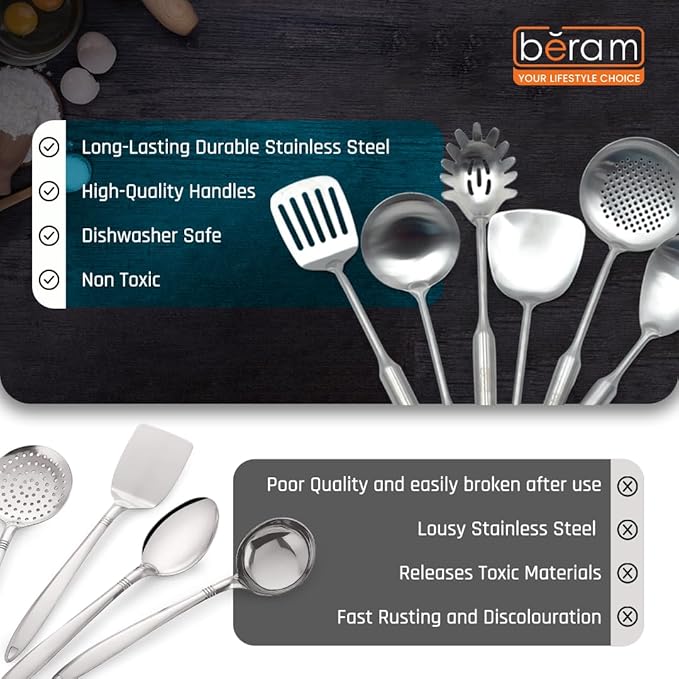 BERAM Stainless Steel Cooking Set, 304 Utensils Set of 6 with Stand – Pasta Server, Rice Scoop, Turner, Spatula, Soup Ladle, Skimmer – Kitchen Tools for Daily Use