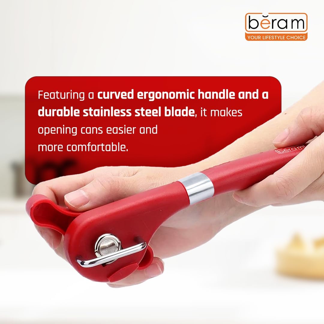 BERAM Manual Can Opener – Heavy Duty Stainless Steel Lid Opening Tool with Curved Handles – Handheld Multiopener with Sharp Blades & Smooth Edge Cutting