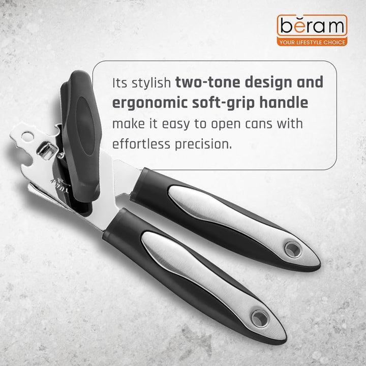 BERAM Manual Can Opener – Heavy Duty Stainless Steel Multi-Opener with Built-In Bottle Opener – Anti-Slip Grip, Large Turn Knob – Black & Silver Handheld Kitchen Tool