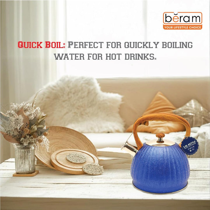 Haus Roland Whistling Kettle, Wooden Handles with Stripes, Stovetop Tea Kettle, Stainless Teapot, 3 Liters, Fast Boiling, Perfect for Homes, Picnics, and Parties