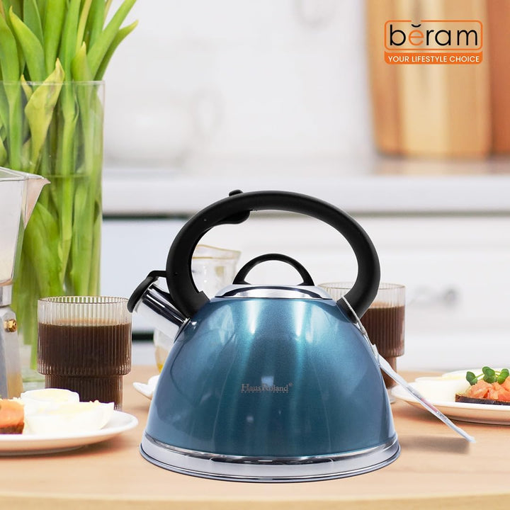 Haus Roland Whistling Kettle, Stainless Steel Tea Kettle, 3 Liters, Whistling Teapot, Ergonomic Handle, Tea Kettle Lid with Nylon Knob, Suitable For Induction and Gas