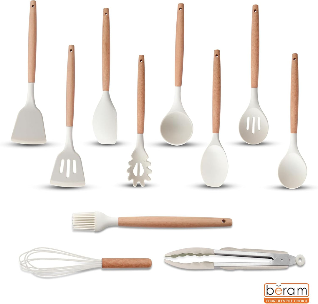 BERAM 19 Pieces Knife Set for Kitchen Cooking Utensils Set Tongs Spoon Spatula & Turner Made of Heat Resistant Silicone with Wooden Handles Non-Stick Kitchen Knife Sets