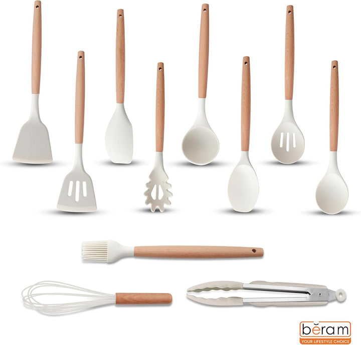 BERAM 19 Pieces Knife Set for Kitchen Cooking Utensils Set Tongs Spoon Spatula & Turner Made of Heat Resistant Silicone with Wooden Handles Non-Stick Kitchen Knife Sets