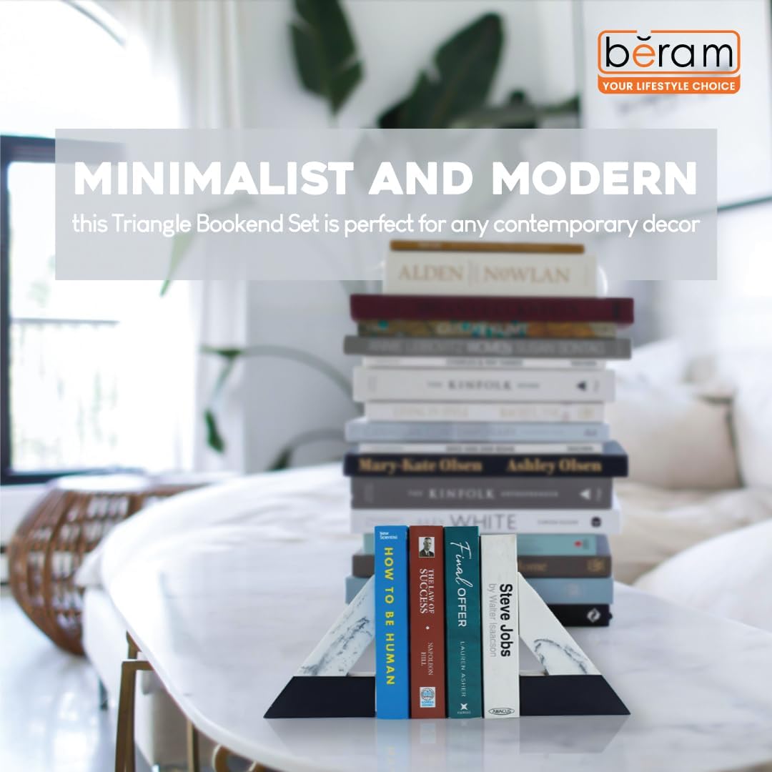 BERAM Triangle Geometric Bookends, Art Sculpture, Modern Home Decor, Premium Gift Decorations, Abstract Indoor Shelf Organizers, Office, Living Room, Book Shelf Pieces, Black & White