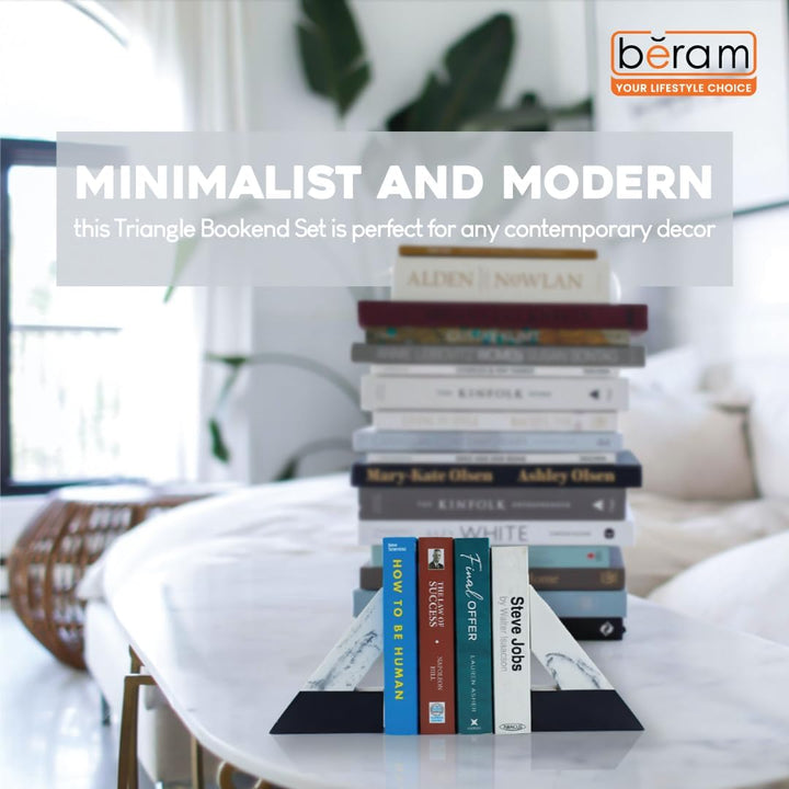 BERAM Triangle Geometric Bookends, Art Sculpture, Modern Home Decor, Premium Gift Decorations, Abstract Indoor Shelf Organizers, Office, Living Room, Book Shelf Pieces, Black & White