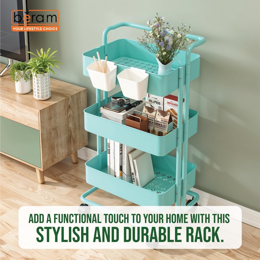 BERAM 3-Tier Metal Storage Rack with Handle & Smooth-Rolling Wheels – Heavy-Duty Basket Shelf Organizer for Kitchen Bathroom Pantry and Home Organization – Durable Space-Saving Utility Cart Green