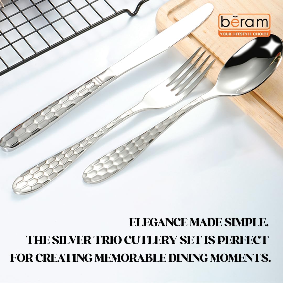 BERAM Silver Trio Cutlery Premium Stainless Steel Flatware and Silverware with Elegant Engraved Handles Durable Kitchen Utensils and Tableware for Home Restaurants Hotels