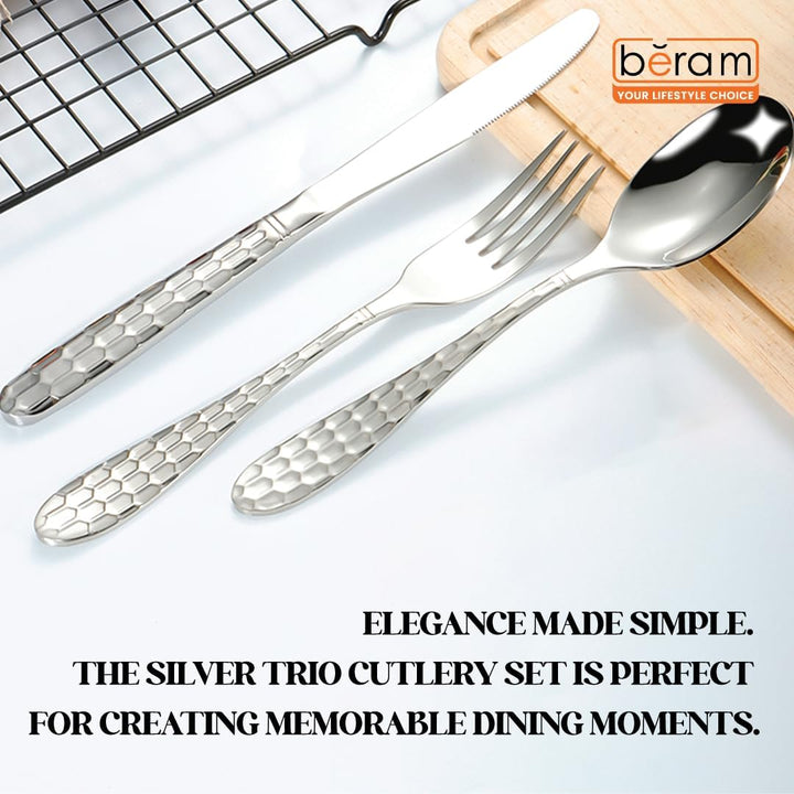 BERAM Silver Trio Cutlery Premium Stainless Steel Flatware and Silverware with Elegant Engraved Handles Durable Kitchen Utensils and Tableware for Home Restaurants Hotels