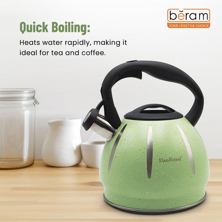 Haus Roland Stainless Steel Tea Kettle, Dotted Kettles, 3 Litres, Whistling Teapot, Stove Top, Stone Finish, Anti-Hot Handle, Anti-Rust, Loud Whistle, Fast Boiling Kitchen Utensil