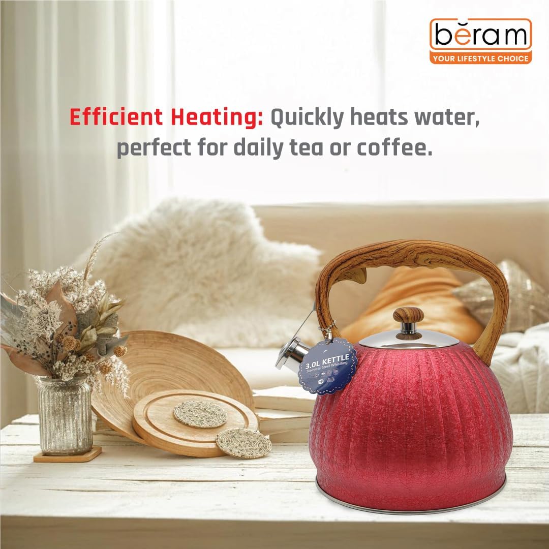 Haus Roland Whistling Kettle, Wooden Handles with Stripes, Stovetop Tea Kettle, Stainless Teapot, 3 Liters, Fast Boiling, Perfect for Homes, Picnics, and Parties