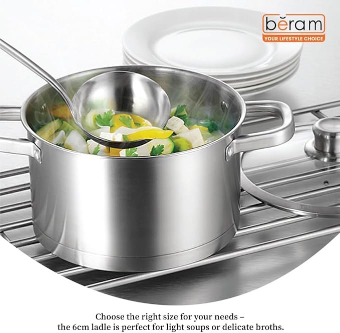 BERAM Soup Ladle, Stainless Steel Soup Spoon, Kitchen Tool, Long Handle Chef Utensils, Cooking Utensil, Serving Spoon, Food Grade, Non-Deformable, Compact, Lightweight (6 CM)