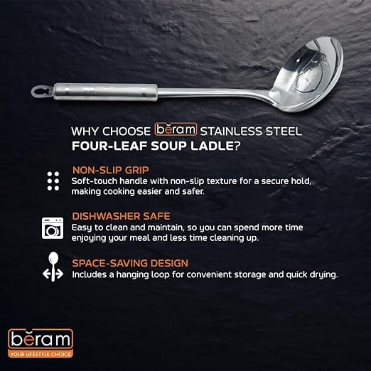 BERAM Soup Ladle Stainless Steel Soup Spoon Kitchen Tool Cooking Utensil Serving Spoon Food Grade Non-Deformable Compact Lightweight with Four Leaf Design Handles