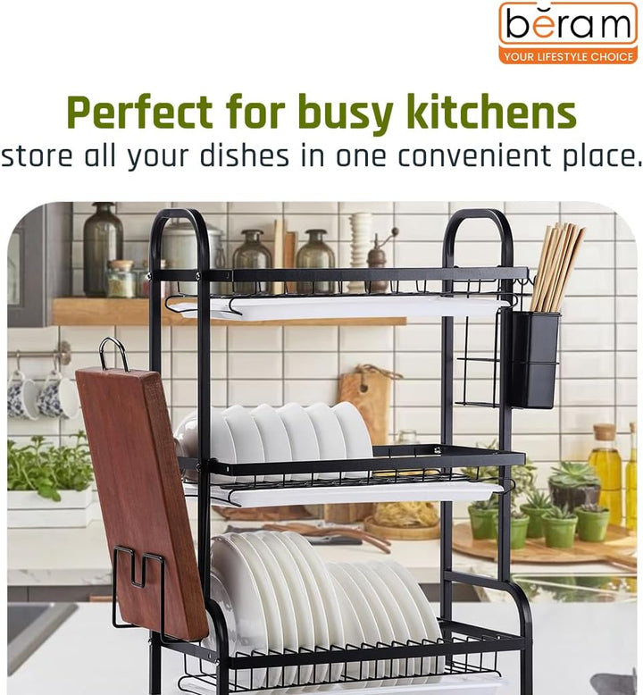 BERAM 3-Tier Dish Drying Rack – Rust-Proof Carbon Steel Kitchen Organizer with Utensil Holder, Knife Block, Cutting Board Rack & Drip Tray – Black