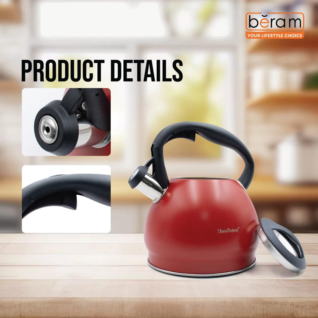 Haus Roland Whistling Kettle, Stainless Steel Tea Kettle, 3 Liters, Whistling Teapot, Ergonomic Handle Teapot, Lid with Nylon Knob, Suitable For Induction and Gas., Full Matte Design