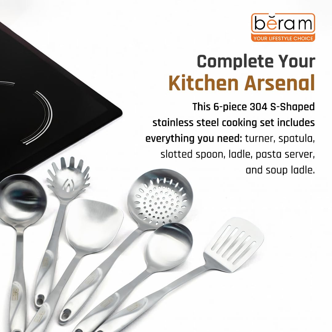 BERAM Cooking Utensils Set S-Shaped 304 Stainless Steel Silverware Cookware Set Includes Spatula Skimmer Soup Ladle Turner Pasta Server Rice Scoop with Multipurpose Stand