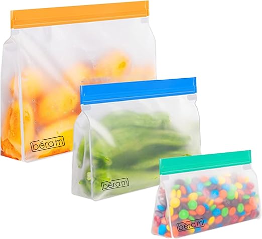 BERAM Reusable Storage Bags Standing Ziploc Containers Dishwasher Safe Leak Proof BPA Free PEVA Material Freezer Safe Lunch and Sandwich Bags Food Safe Picnic and Travel Bags