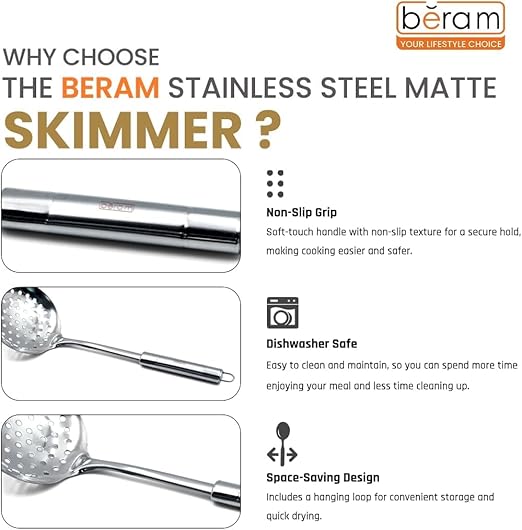 BERAM Stainless Steel Cooking Utensils Set – 6-Piece Kitchen Tool Set with Pasta Server Turner Spatula Skimmer Rice Scoop & Soup Ladle – Durable Matte Silver Cookware Utensils