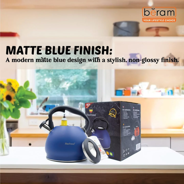 Haus Roland Whistling Kettle, Stainless Steel Tea Kettle, 3 Liters, Whistling Teapot, Ergonomic Handle Teapot, Lid with Nylon Knob, Suitable For Induction and Gas., Full Matte Design