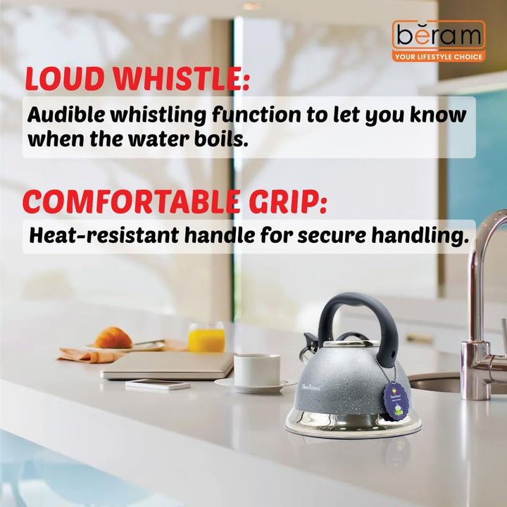 Haus Roland Whistling Kettle, Dotted Silver Striped, Stovetop Tea Kettle, Stainless Teapot, 3.5 Liters with Dotted Grain Handles, Fast Boiling, Perfect for Homes, Picnics, and Parties