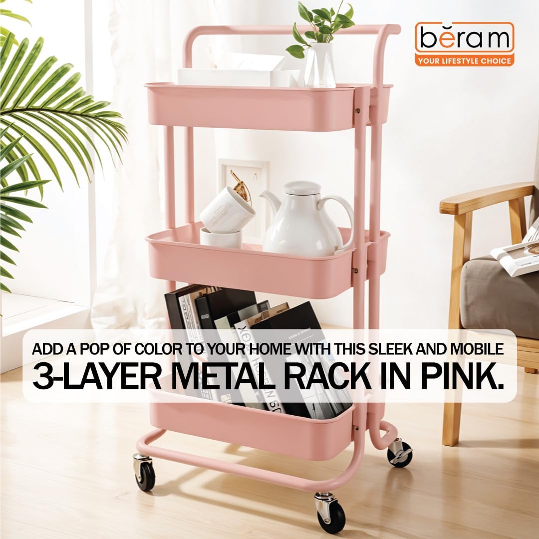 BERAM 3-Tier Metal Storage Rack with Handle & Smooth-Rolling Wheels Heavy-duty 3Basket Organizer for Kitchen Bathroom Pantry and Home Storage Durable Space Saving Pink