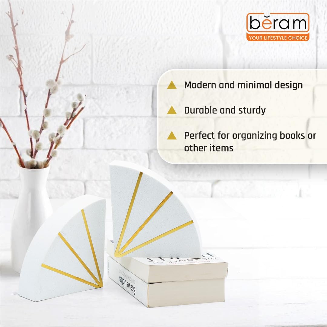 BERAM Circle Bookends, Ceramic Statue Figurines, Art Sculpture, Modern Home Decor Collection, Abstract Indoor Shelf Ornaments, Office, Living Room, Book Shelf Pieces, White & Gold