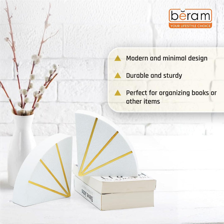 BERAM Circle Bookends, Ceramic Statue Figurines, Art Sculpture, Modern Home Decor Collection, Abstract Indoor Shelf Ornaments, Office, Living Room, Book Shelf Pieces, White & Gold