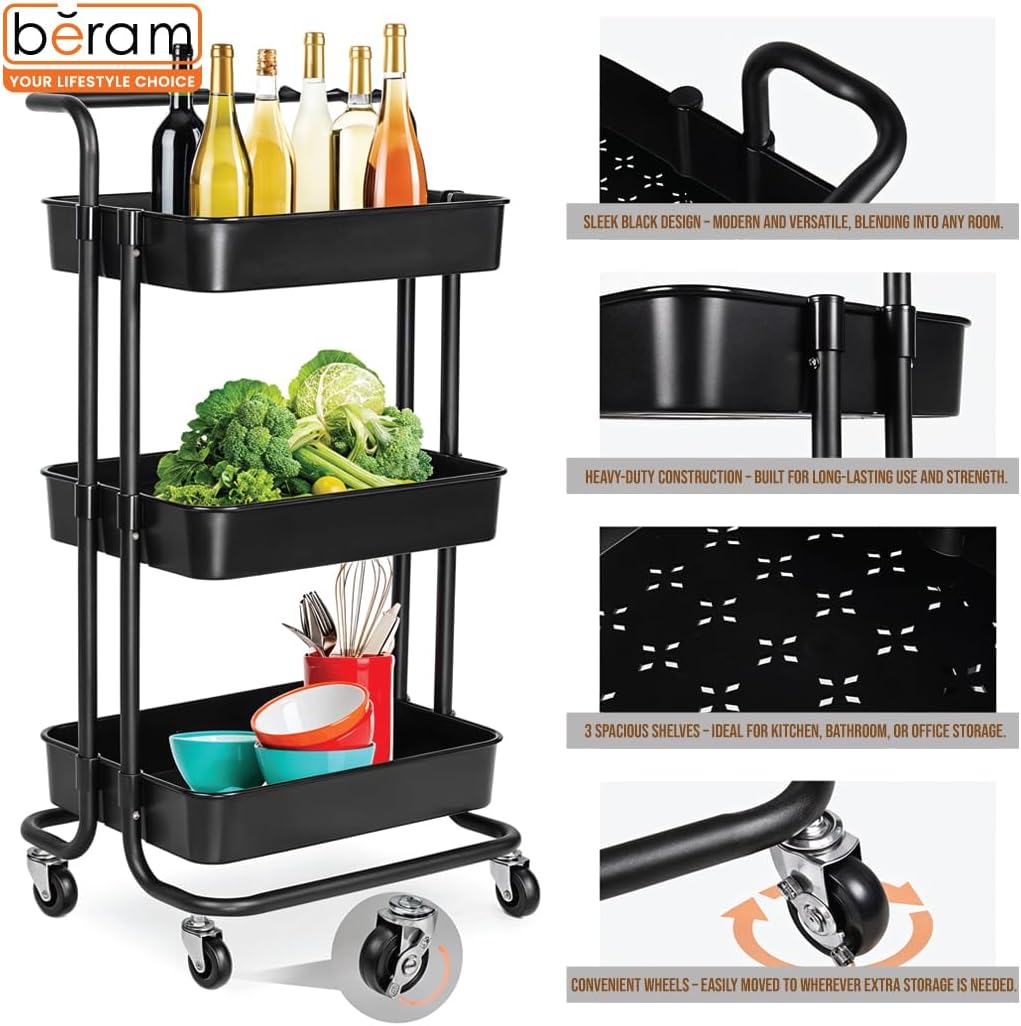 BERAM 3-Tier Metal Storage Rack with Handle & Smooth-Rolling Wheels Heavy-Duty 3-Basket Shelves Organizer for Kitchen Bathroom Pantry and Home Storage Durable Space-Saving Black