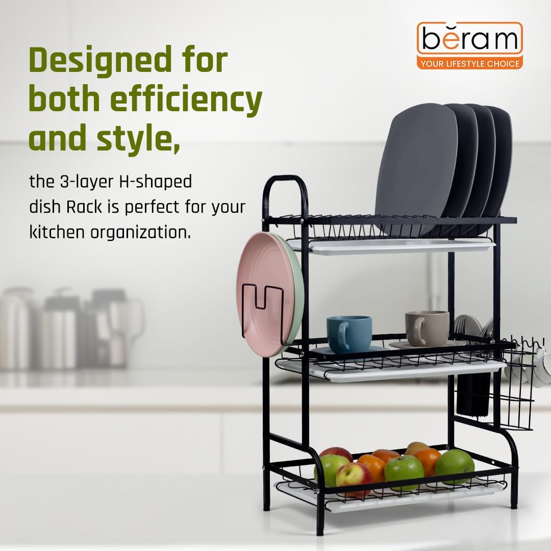 BERAM 3-Tier Dish Drying Rack – Rust-Proof Carbon Steel Kitchen Organizer with Utensil Holder, Knife Block, Cutting Board Rack & Drip Tray – Black