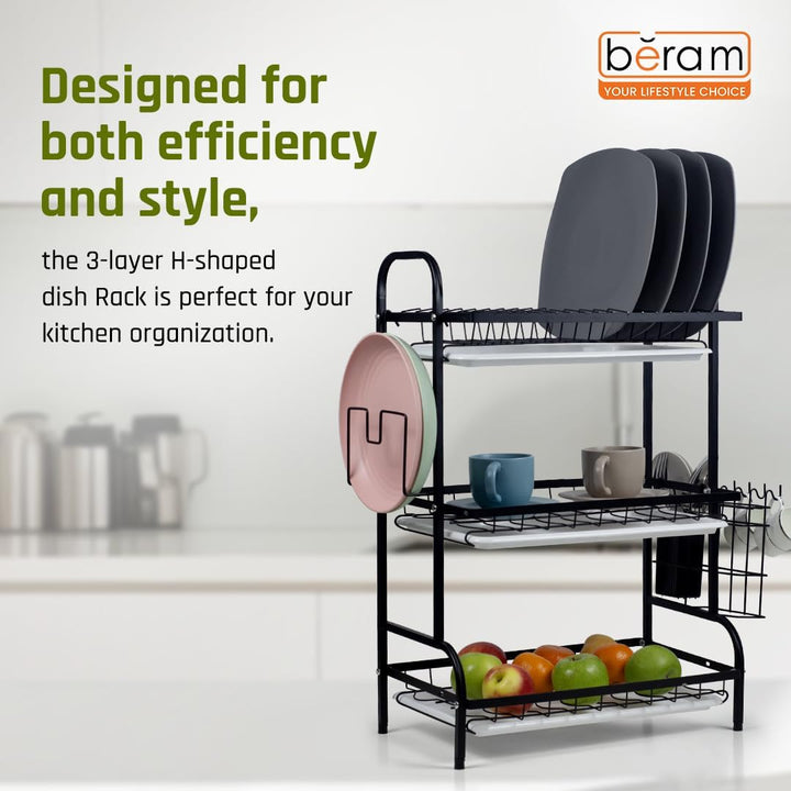BERAM 3-Tier Dish Drying Rack – Rust-Proof Carbon Steel Kitchen Organizer with Utensil Holder, Knife Block, Cutting Board Rack & Drip Tray – Black