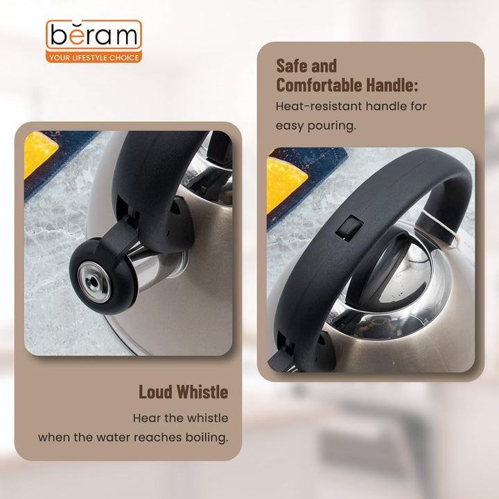 Haus Roland Whistling Kettle, Stainless Steel Tea Kettle, 3 Liters, Whistling Teapot, Ergonomic Handle, Tea Kettle Lid with Nylon Knob, Suitable For Induction and Gas