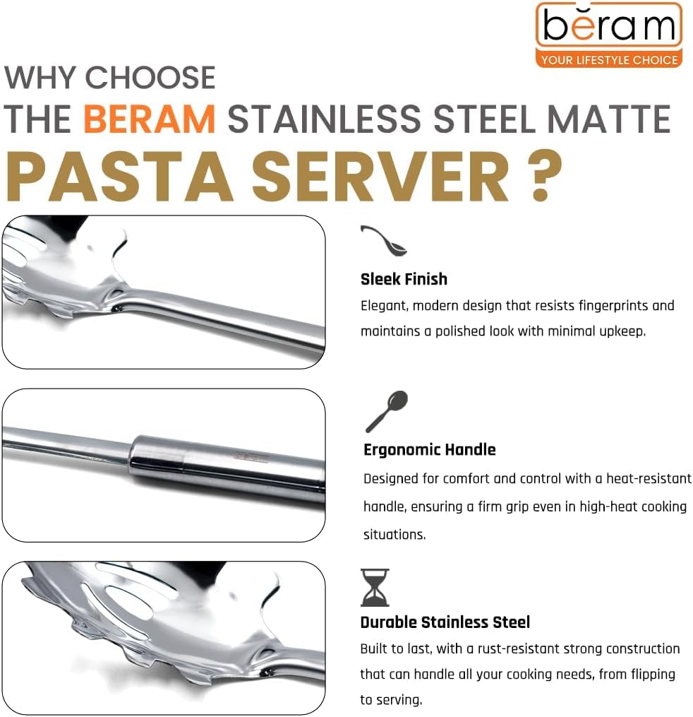 BERAM Stainless Steel Cooking Utensils Set – 6-Piece Kitchen Tool Set with Pasta Server Turner Spatula Skimmer Rice Scoop & Soup Ladle – Durable Matte Silver Cookware Utensils